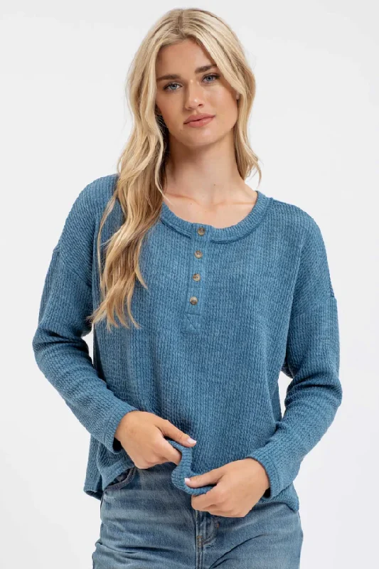 women's tops for those who want to wear pieces that are both comfortable and stylishTeal Waffle Knit Henley Top