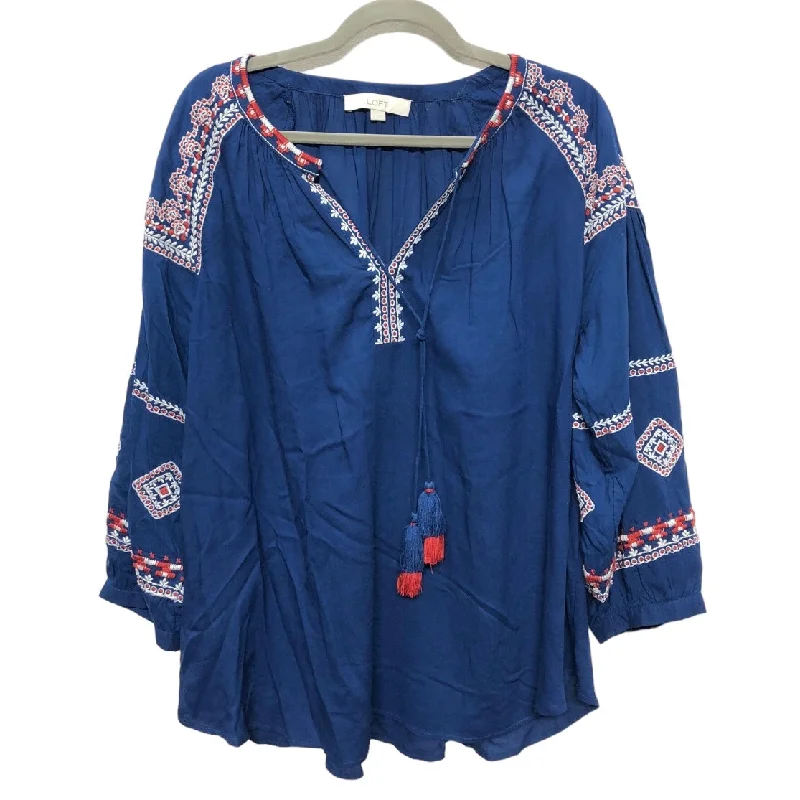 women's long sleeve tops with V-necksTop Long Sleeve By Loft In Blue & Red & White, Size: L