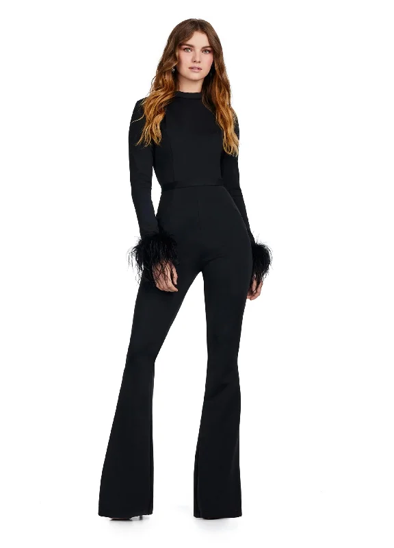 women's jumpsuits for loungingAshley Lauren 11441 - Feathered Flared Jumpsuit