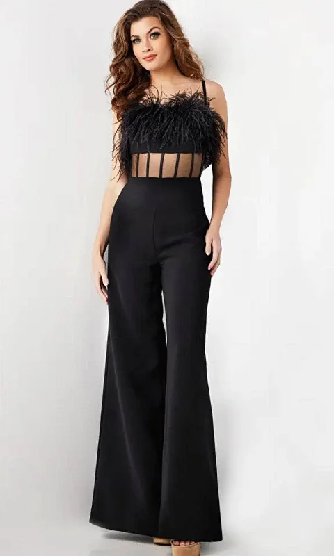 women's jumpsuits for fallJovani 24144 - Feather Detail Sheer Bodice Jumpsuit