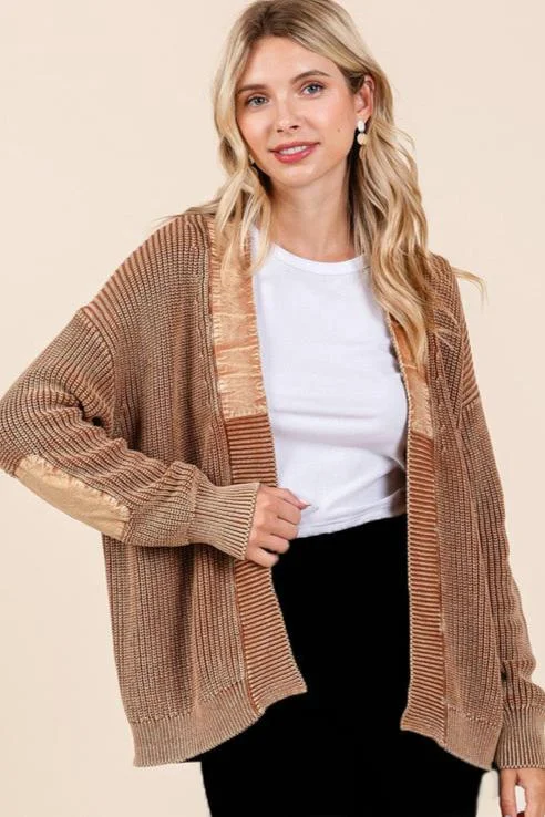 women's tops for statement-making outfitsContrast Mineral Wash Elbow Patch Cardigans - 2 Colors!