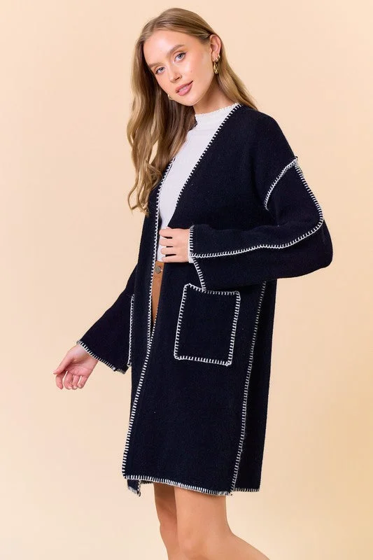 women's tops for summer festivalsBlack Blanket Stitched Open Cardigan