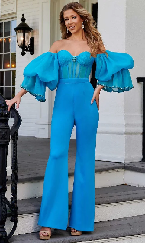 women's jumpsuits for effortless eleganceRachel Allan 50145 - Bubble Sleeve Embellished Jumpsuit