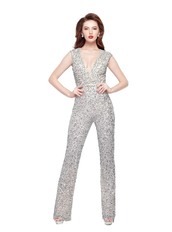 women's jumpsuits made of velvetPrimavera Couture 3071  Sequined Plunging Fitted Jumpsuit - 1 pc Nude in size 8 Available