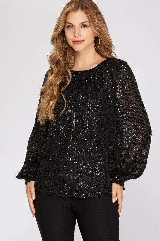 women's tops for casual FridaysBlack Sequin Balloon Sleeve Top - FINAL SALE