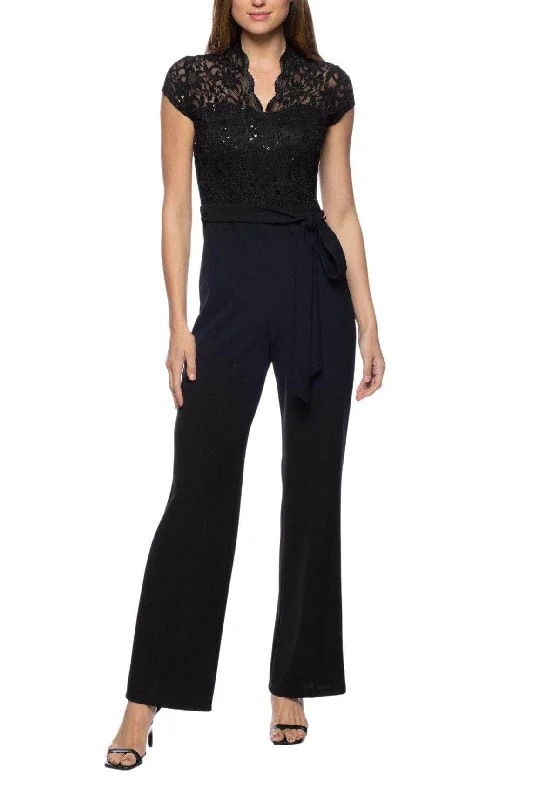 women's jumpsuits made of satinMarina 268331 - Laced Scalloped V-Neck Jumpsuit