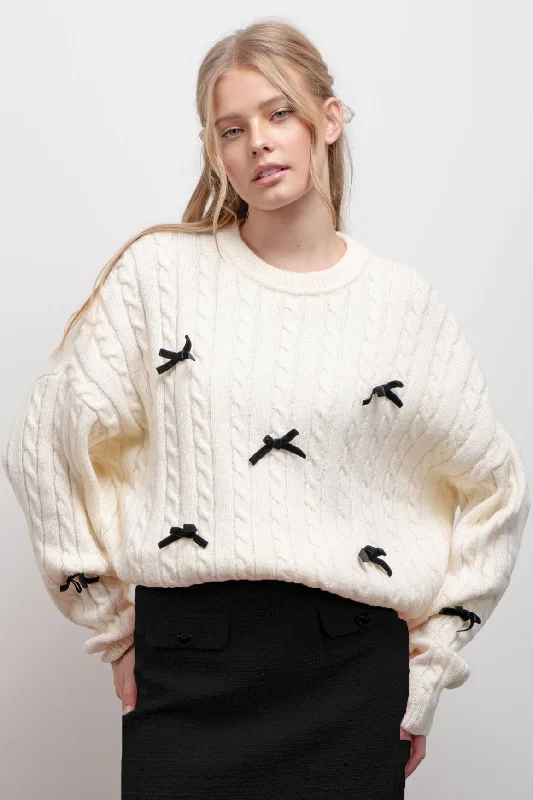 elegant women's topsIvory Cable Bow Sweater