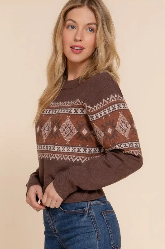 women's tops for those who want to add a touch of elegance and sophistication to their everyday wearBrown Printed Crop Sweater - FINAL SALE