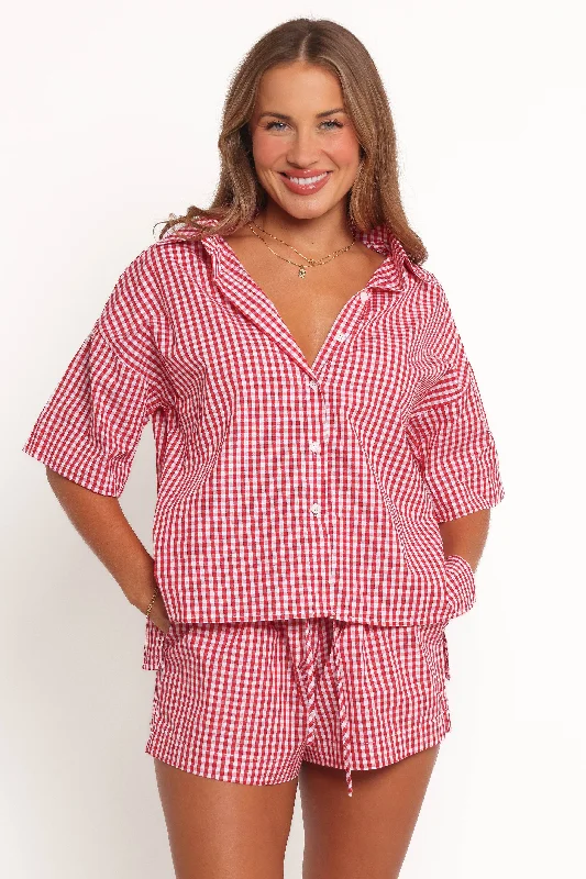 women's tops for those who love to experiment with fashionMaeo Short Sleeve Top - Red Check