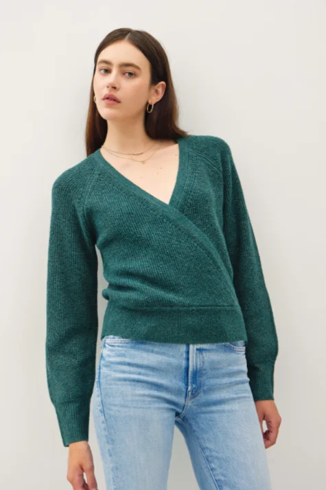 women's tops for cozy nights inHunter Green Wrap Sweater - FINAL SALE