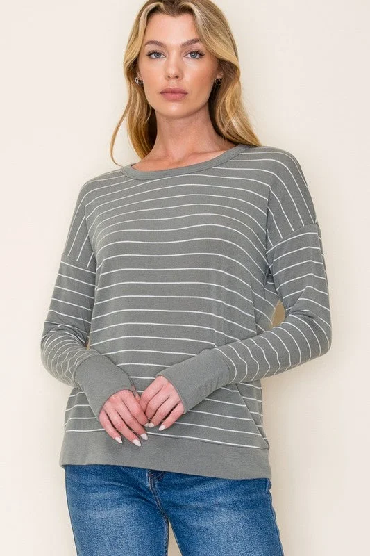 women's tops for those who love to experiment with fashionOlive Striped Thumbhole Top