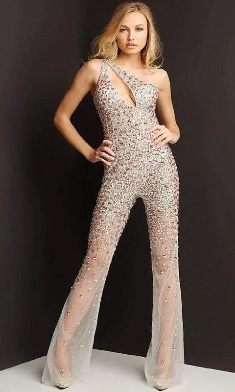 women's jumpsuits for laid-back looksJovani 07079SC - Front Cutout Beaded Jumpsuit