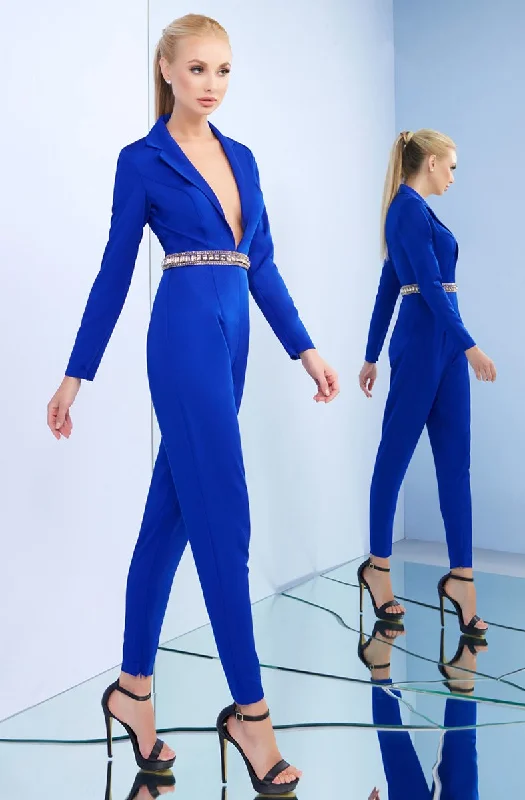 women's jumpsuits for tall womenIeena Duggal - Long Sleeve Deep V-neck Jumpsuit 26071ISC