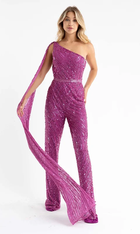 women's jumpsuits for glamorous eveningsPrimavera Couture - 3776 Asymmetric Beaded Prom Jumpsuit