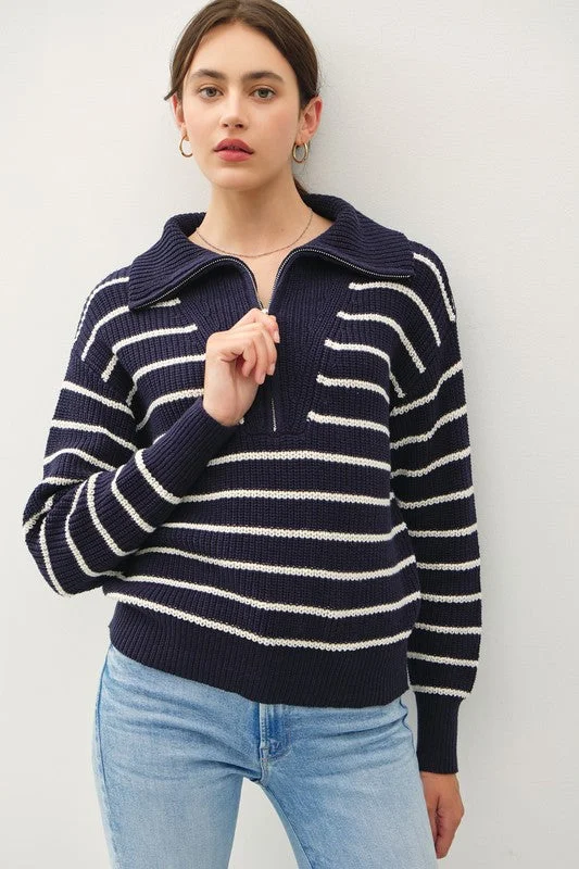 women's tops for those who want to wear pieces that are both functional and fashionableNavy Striped Zip Sweater Pullover