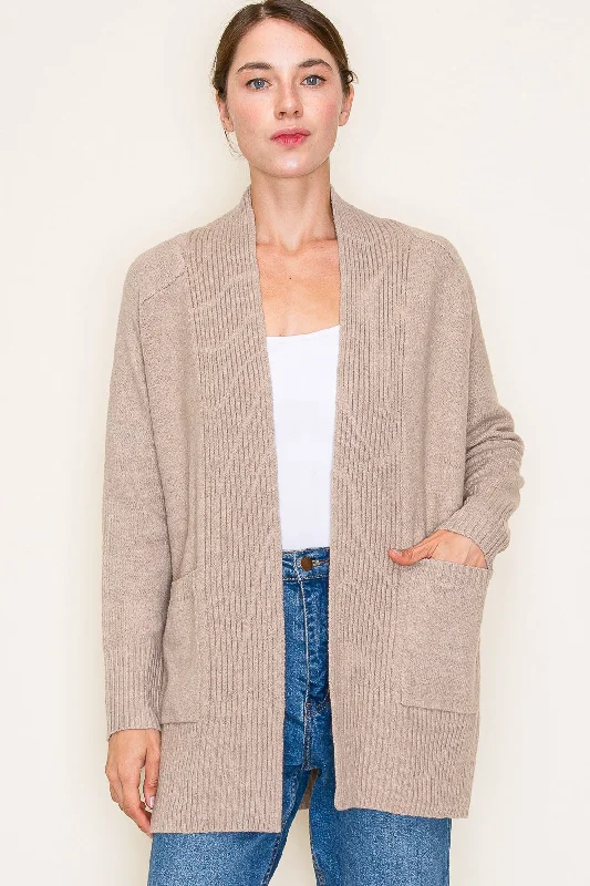 women's tops with floral printsBasic Taupe Ribbed Edge Pocket Cardigan