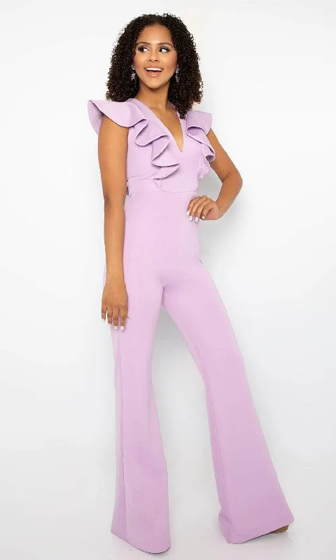 women's jumpsuits for curve-hugging stylesAva Presley 38553 - V-Neck Ruffle Detailed Jumpsuit