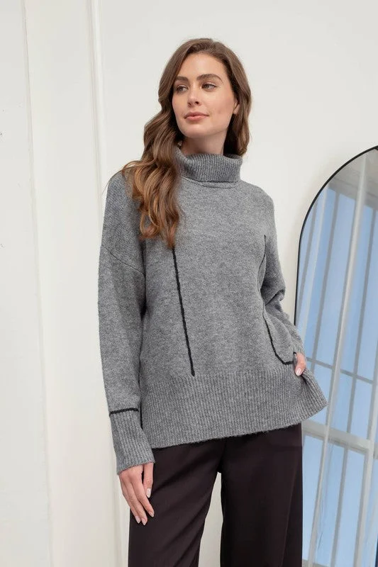 women's tops for those who love to dress up their casual looks with stylish topsGray Contrast Turtleneck Sweater