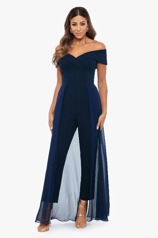 women's jumpsuits for travel"Margot" Off the Shoulder Scuba Crepe and Chiffon Jumpsuit