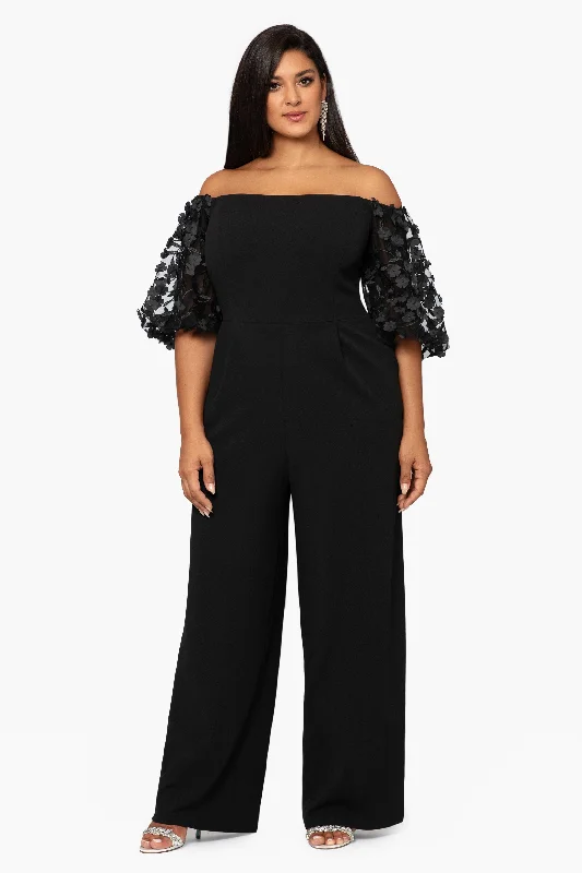 women's jumpsuits with self-ties at the waistPlus "Belle" Off the Shoulder Scuba Crepe Jumpsuit