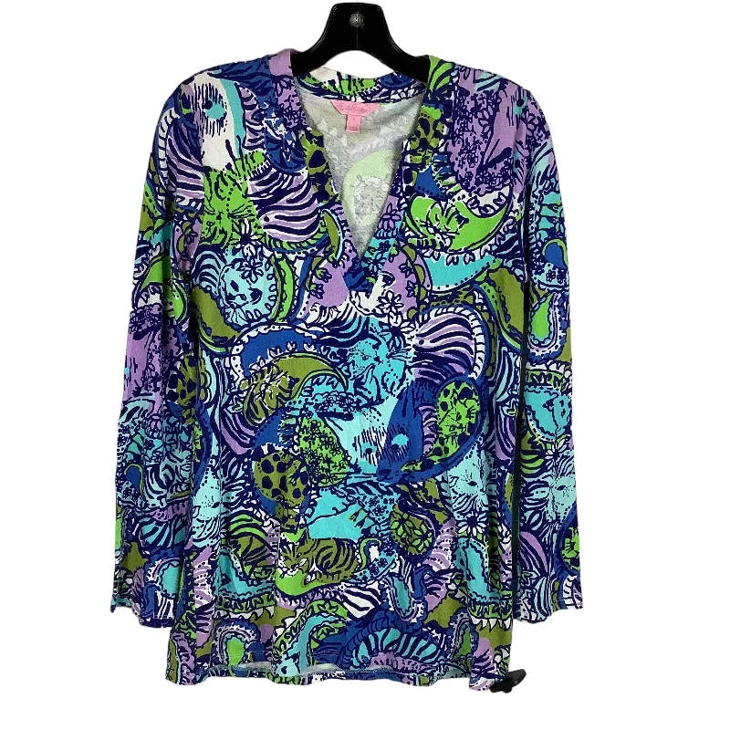 women's long sleeve tops with international brandingBlue & Green Top Long Sleeve Designer Lilly Pulitzer, Size S