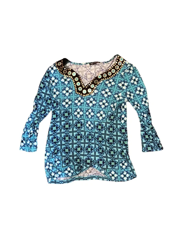 women's long sleeve tops made of cottonBlue Top Long Sleeve Cable And Gauge, Size M