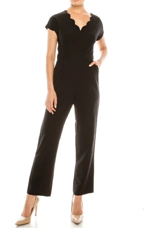 women's jumpsuits with long sleevesMaggy London - Scalloped V-Neck Jumpsuit With Pocket G3823MSC