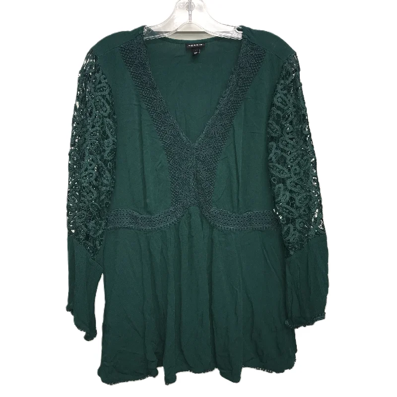 women's long sleeve tops with distressed finishesTop Long Sleeve By Torrid In Green, Size: 1x