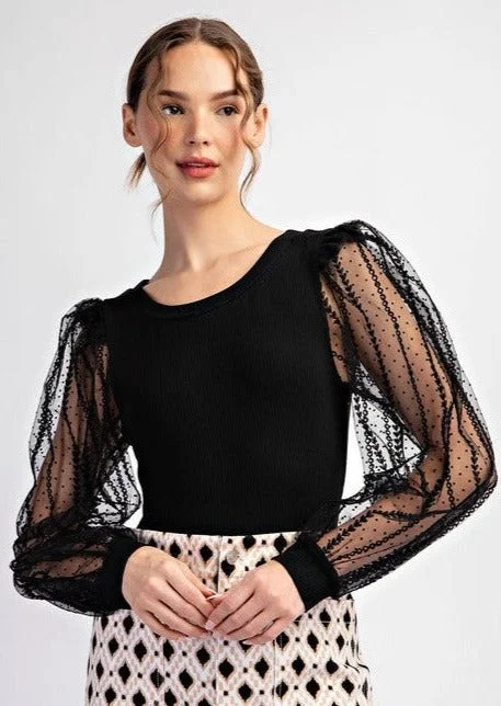 women's tops with sheer overlaysBlack Sheer Sleeve Bodysuit - FINAL SALE