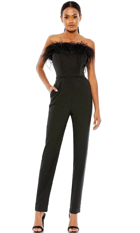 women's jumpsuits with checkered designsIeena Duggal 68146 - Strapless Jumpsuit with Feather Accents