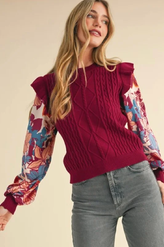 women's tops for mixing and matching with different bottomsBurgundy Floral Sleeve Sweater Top - FINAL SALE