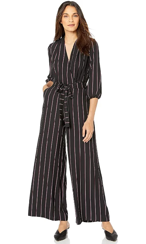 women's jumpsuits with bell sleevesGabby Skye - 91139MGSC Quarter Sleeve Stripe V-Neck Jumpsuit