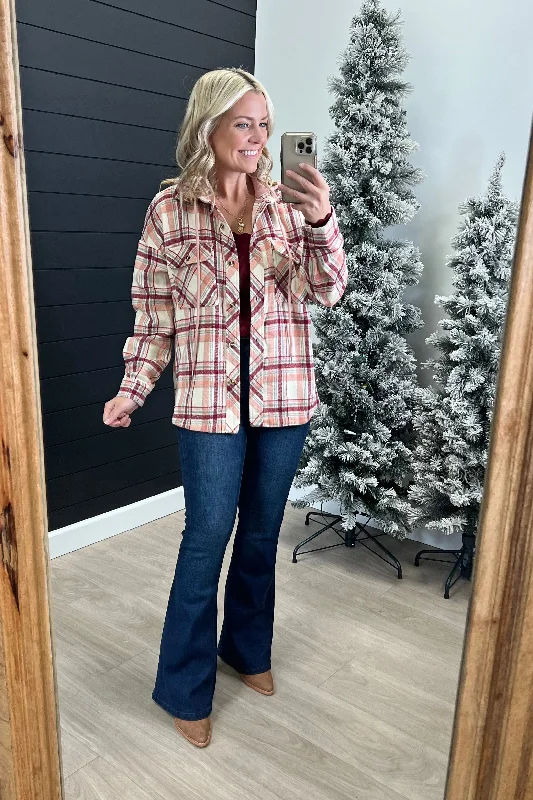 women's tops with sequin embellishmentsBurgundy & Blush Next Chapter Plaid Hooded Shacket - FINAL SALE