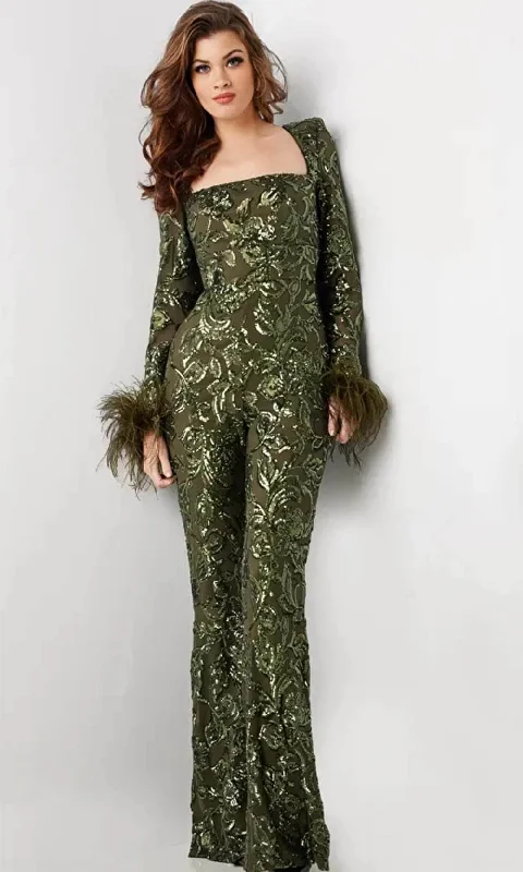 women's jumpsuits for yogaJovani 25904 - Sequin Embellished Long Sleeve Jumpsuit