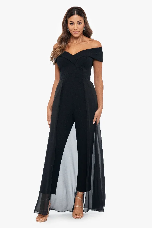 women's jumpsuits for summer"Margot" Off the Shoulder Scuba Crepe and Chiffon Jumpsuit