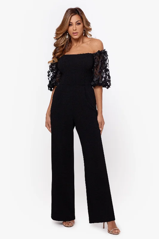 women's jumpsuits with ruffles"Belle" Off the Shoulder Scuba Crepe Jumpsuit