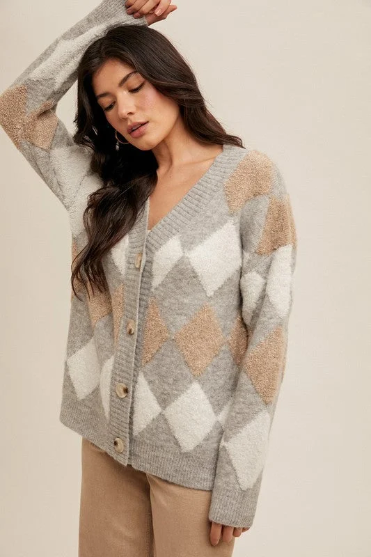 women's tops in solid colorsDiamond Pattern Sweater Cardigan