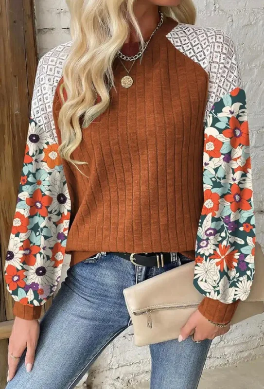 women's tops for those who prefer classic over trendy stylesCinnamon Patchwork Floral Sleeve Top - FINAL SALE