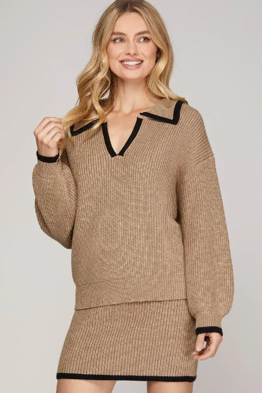 women's tops for those who want to add a pop of color to their outfitsLight Mocha Edge Contrast Sweater