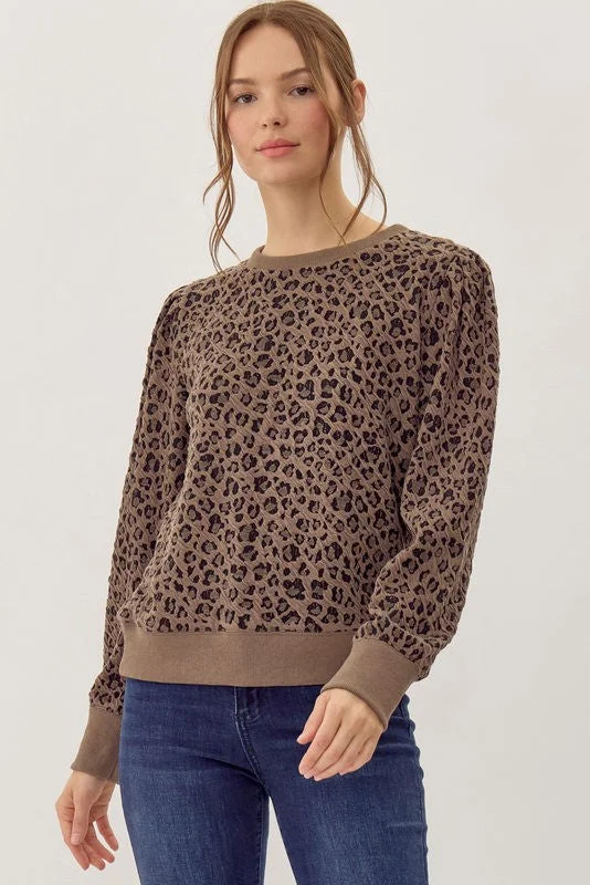 women's tops in solid colorsTextured Leopard Pullover