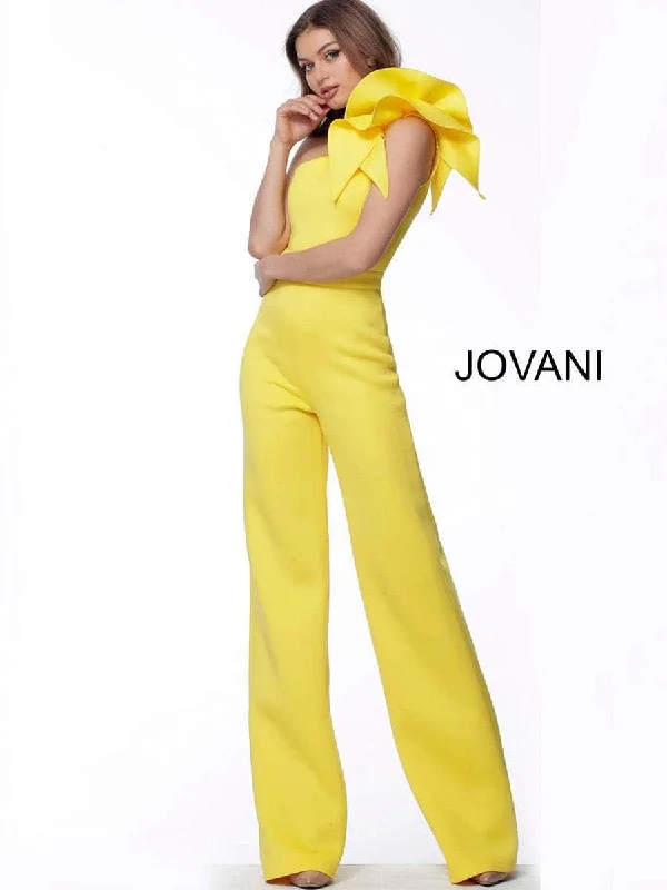 women's jumpsuits for minimalist fashionJovani 68599A - Asymmetric Banded Waist Jumpsuit