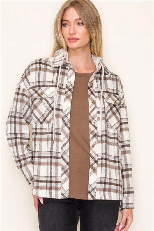 women's tops with beading accentsTaupe Next Chapter Plaid Hooded Shacket - FINAL SALE