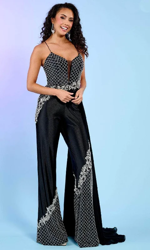 women's jumpsuits for lightweight designsRachel Allan 70655 - Beaded Lattice Plunging Jumpsuit