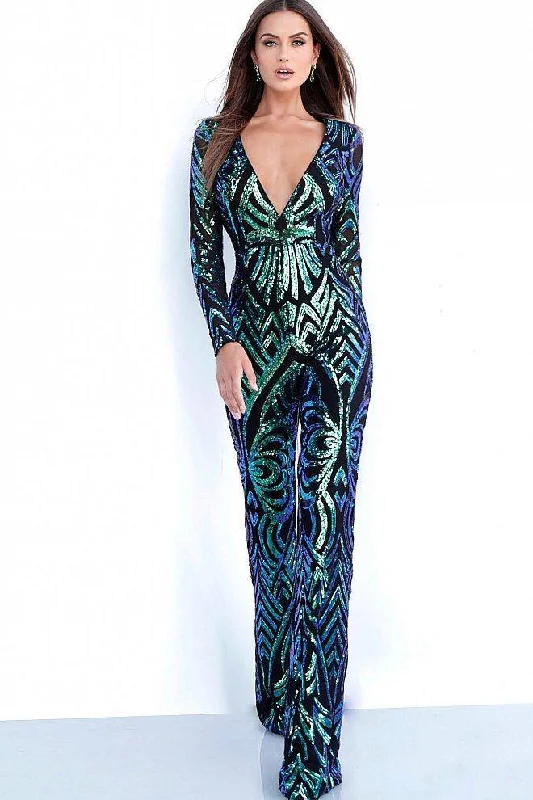 women's jumpsuits with V-necksJovani - Sequined Plunging V Neck Long Sleeves Jumpsuit 66511 - 1 pc Black/Peacock In Size 4 Available