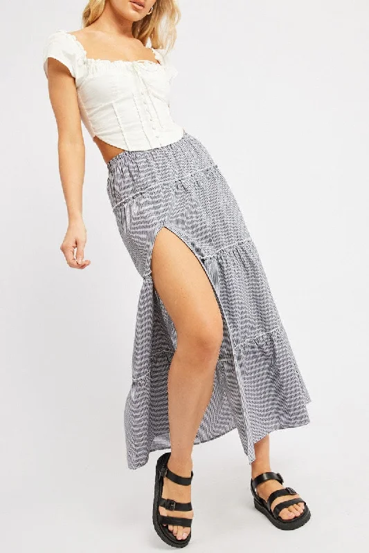 women's denim skirtsBlack Check Tiered Maxi Slit Skirt