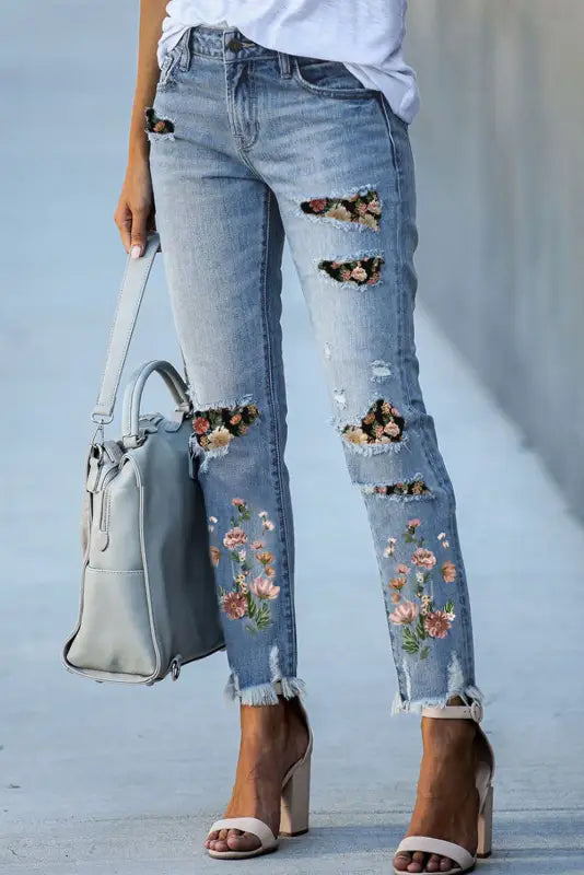 women's denim jeans with belt loopsRipped Skinny Jeans - Sky Blue Printed Patch