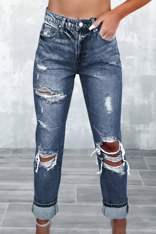 women's denim jeans for a bohemian lookFrayed Slim Fit Jeans - Navy Blue Light Wash High Waist