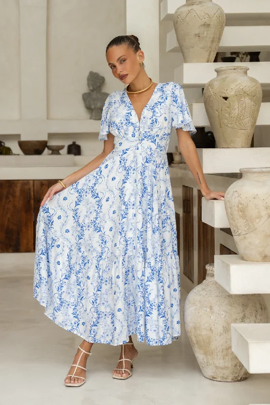 women's maxi dressesFiora Blue Floral V-Neck Midi Dress