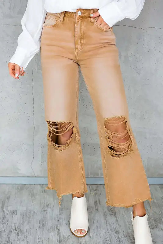 women's denim jeans for everyday wearBrown Distressed Hollow-out Cropped Flare Jeans