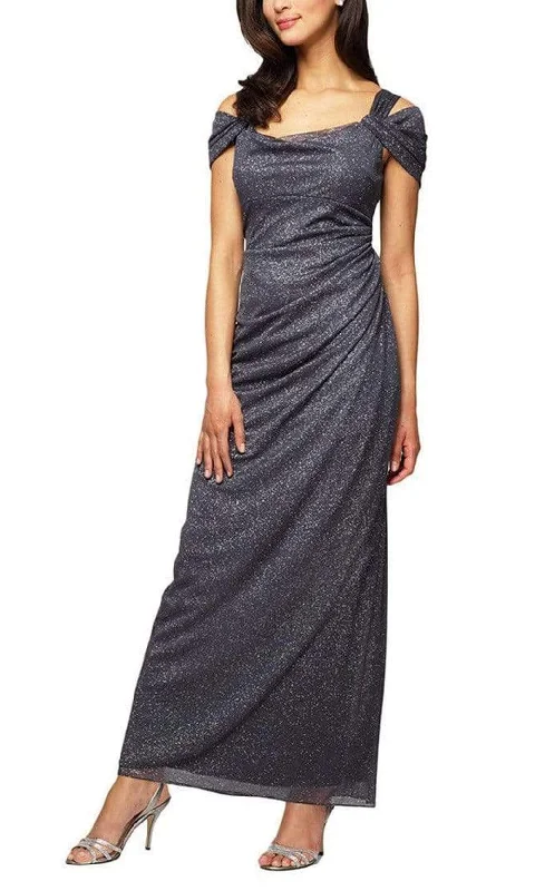 women's wedding guest dressesAlex Evenings - 233026 Cold Shoulder Drape Glitter Mesh Dress